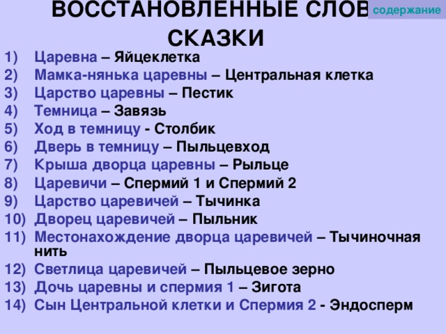   ВОССТАНОВЛЕННЫЕ СЛОВА СКАЗКИ    содержание Царевна – Яйцеклетка Мамка-нянька царевны – Центральная клетка Царство царевны – Пестик Темница – Завязь Ход в темницу - Столбик Дверь в темницу – Пыльцевход Крыша дворца царевны – Рыльце Царевичи – Спермий 1 и Спермий 2 Царство царевичей – Тычинка Дворец царевичей – Пыльник Местонахождение дворца царевичей – Тычиночная нить Светлица царевичей – Пыльцевое зерно Дочь царевны и спермия 1 – Зигота Сын Центральной клетки и Спермия 2 - Эндосперм 