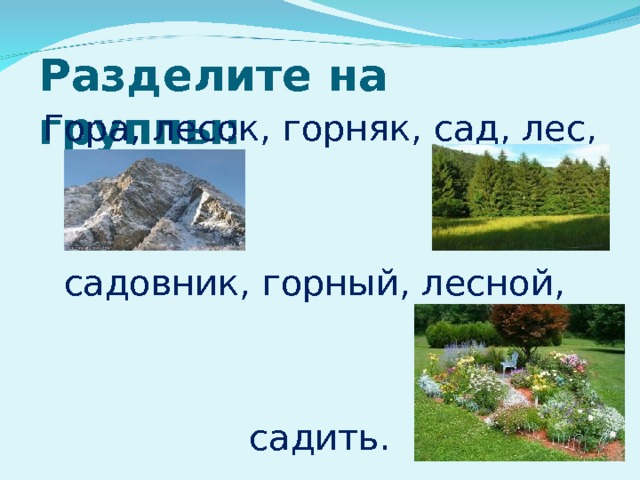 Разделите на группы: Гора, лесок, горняк, сад, лес, садовник, горный, лесной, садить. 