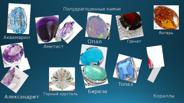 Полудрагоценные камни Янтарь Аквамарин Опал Гранат Аметист Топаз Бирюза Горный хрусталь Кораллы Александрит 