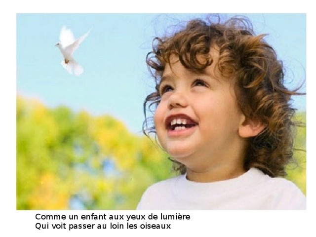 Comme un enfant aux yeux de lumière  Qui voit passer au loin les oiseaux 