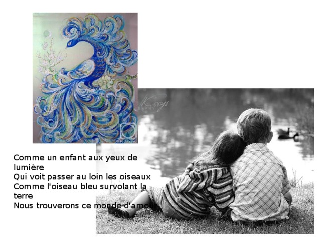 Comme un enfant aux yeux de lumière  Qui voit passer au loin les oiseaux  Comme l'oiseau bleu survolant la terre  Nous trouverons ce monde d'amour   