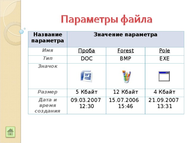 Название параметра Значение параметра Имя Проба Тип Значок Forest DOC Pole Размер BMP EXE 5 Кбайт Дата и время создания 09.03.2007 12:30 12 Кбайт 4 Кбайт 15.07.2006 15:46 21.09.2007 13:31