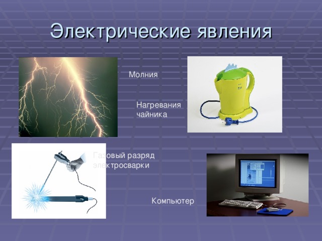 Электрические явления Молния Нагревания чайника Газовый разряд электросварки Компьютер