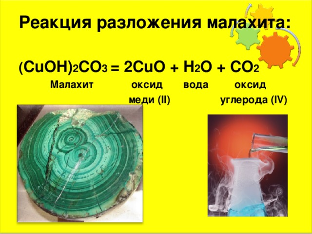 Реакция разложения малахита:   ( CuOH) 2 CO 3 = 2CuO + H 2 O + CO 2 Малахит оксид вода оксид   меди ( II )  углерода ( IV)      Малахит оксид вода оксид   меди ( II )  углерода ( IV)      Малахит оксид вода оксид   меди ( II )  углерода ( IV)            