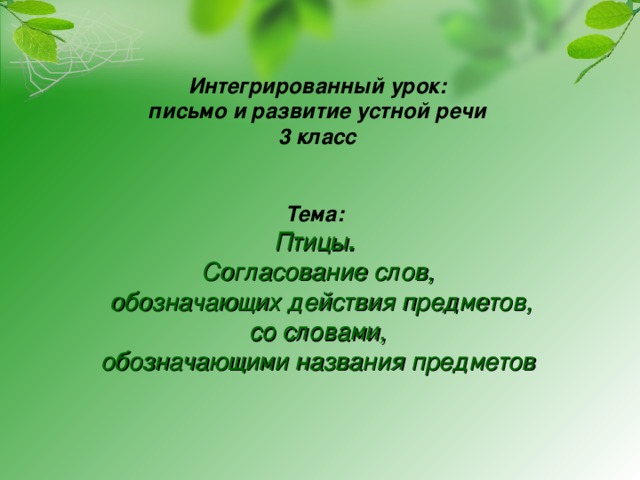  Интегрированный урок: письмо и развитие устной речи 3 класс   Тема: Птицы . Согласование слов,  обозначающих действия предметов,  со словами, обозначающими названия предметов      