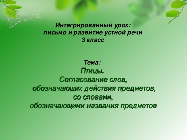  Интегрированный урок: письмо и развитие устной речи 3 класс   Тема: Птицы . Согласование слов,  обозначающих действия предметов,  со словами, обозначающими названия предметов      