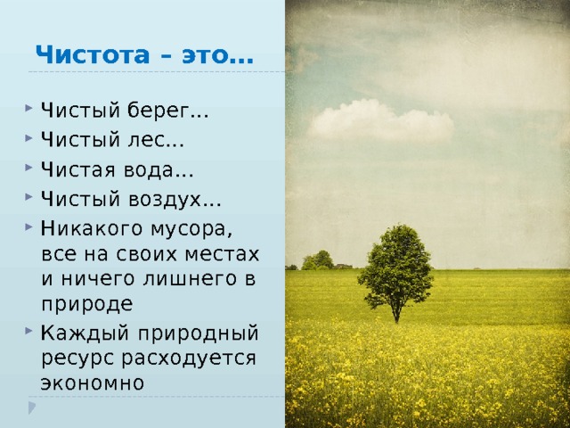 Чистота – это… Чистый берег… Чистый лес… Чистая вода… Чистый воздух… Никакого мусора, все на своих местах и ничего лишнего в природе Каждый природный ресурс расходуется экономно 