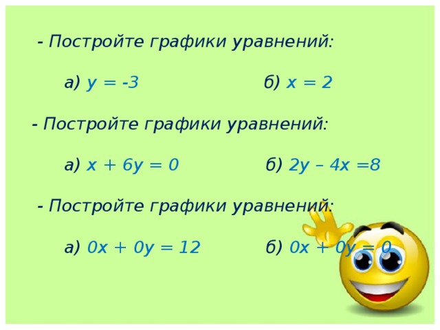  - Постройте графики уравнений:   а) у = -3 б) х = 2   - Постройте графики уравнений:    а) х + 6у = 0 б) 2у – 4х =8    - Постройте графики уравнений:    а) 0х + 0у = 12 б) 0х + 0у = 0     