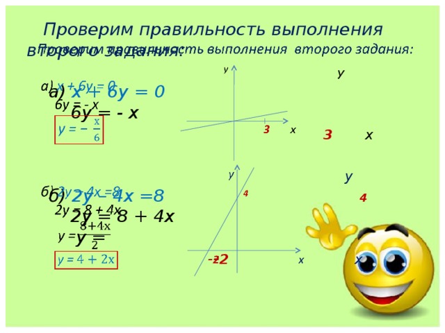  Проверим правильность выполнения второго задания:   у  а) х + 6у = 0  6у = - х    3  х      у  б) 2у – 4х =8  4  2у = 8 + 4х  у =   - 2  х      