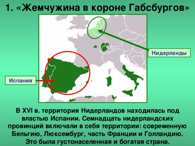 1. «Жемчужина в короне Габсбургов» Нидерланды Испания В XVI в. территория Нидерландов находилась под властью Испании. Семнадцать нидерландских провинций включали в себя территории: современную Бельгию, Люксембург, часть Франции и Голландию. Это была густонаселенная и богатая страна.