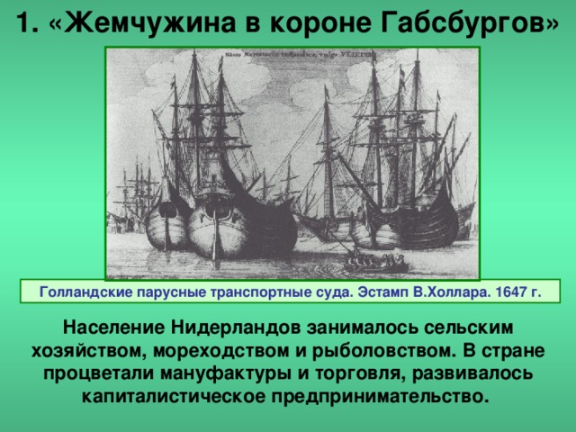 1. «Жемчужина в короне Габсбургов» Голландские парусные транспортные суда. Эстамп В.Холлара. 1647 г. Население Нидерландов занималось сельским хозяйством, мореходством и рыболовством. В стране процветали мануфактуры и торговля, развивалось капиталистическое предпринимательство.