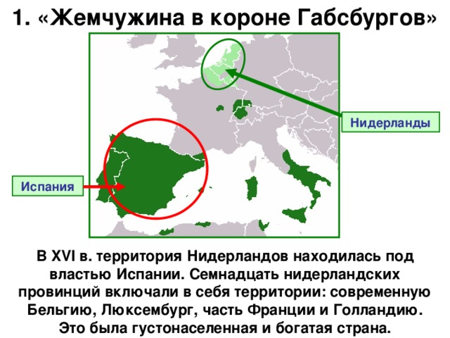 1. «Жемчужина в короне Габсбургов» Нидерланды Испания В XVI в. территория Нидерландов находилась под властью Испании. Семнадцать нидерландских провинций включали в себя территории: современную Бельгию, Люксембург, часть Франции и Голландию. Это была густонаселенная и богатая страна.