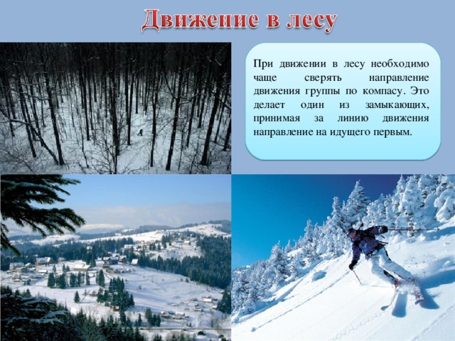 При движении в лесу необходимо чаще сверять направление движения группы по компасу. Это делает один из замыкающих, принимая за линию движения направление на идущего первым. 