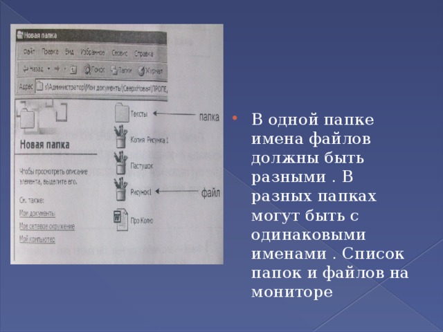 В одной папке имена файлов должны быть разными . В разных папках могут быть с одинаковыми именами . Список папок и файлов на мониторе 