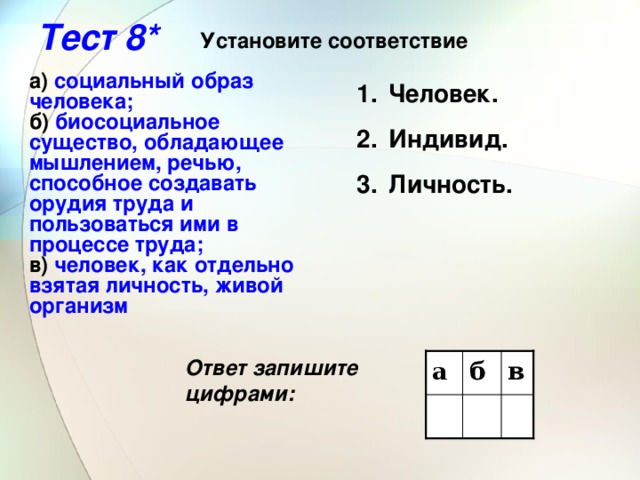 Тест 8* Установите соответствие а) социальный образ человека; б) биосоциальное существо, обладающее мышлением, речью, способное создавать орудия труда и пользоваться ими в процессе труда; в) человек, как отдельно взятая личность, живой организм Человек. Индивид. Личность. а б в Ответ запишите цифрами:    