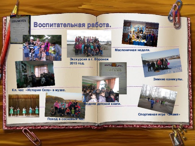 Воспитательная работа. Масленичная неделя. Экскурсия в г. Воронеж 2015 год. Зимние каникулы. Кл. час «История Села» в музее. Неделя детской книги. Спортивная игра «Знамя» Поход в сосновый лес. 
