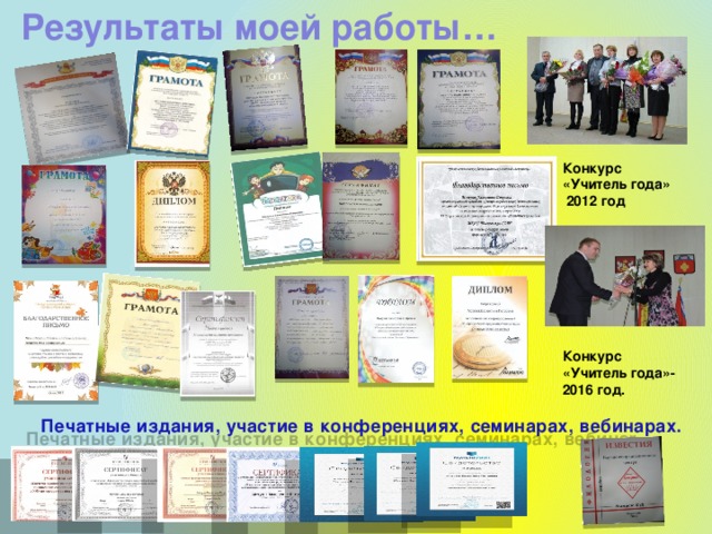 Результаты моей работы… Конкурс «Учитель года»  2012 год Конкурс «Учитель года»-2016 год. Печатные издания, участие в конференциях, семинарах, вебинарах. 