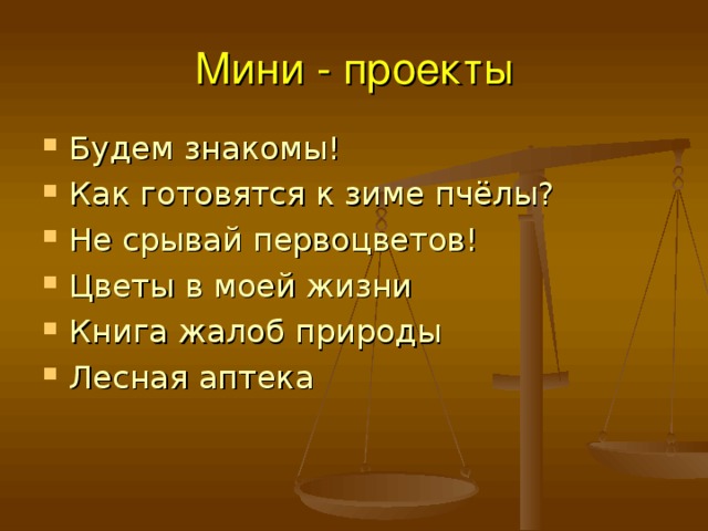 Мини - проекты Будем знакомы! Как готовятся к зиме пчёлы? Не срывай первоцветов! Цветы в моей жизни Книга жалоб природы Лесная аптека 