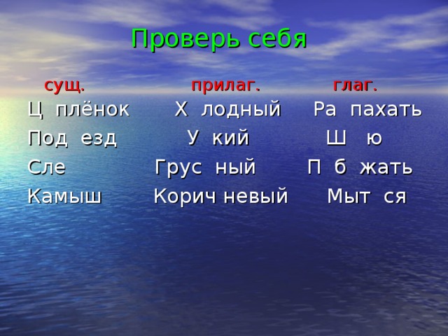  Проверь себя     сущ.  прилаг.  глаг.  Ц плёнок Х лодный Ра пахать Под езд У кий Ш ю Сле Грус ный П б жать Камыш Корич невый Мыт ся т д ь о ъ ы с ь о е з 