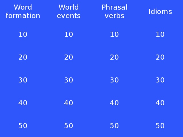Word formation World events 10 20 Phrasal verbs 10 20 30 10 Idioms 10 30 40 20 20 30 40 50 30 40 50 40 50 50  