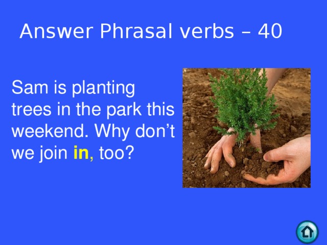 Answer Phrasal verbs – 40 Sam is planting trees in the park this weekend. Why don’t we join in , too?  