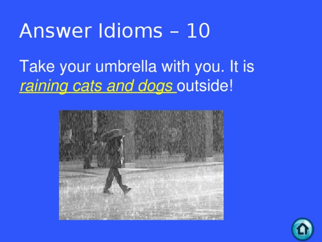 Answer Idioms – 10 Take your umbrella with you. It is raining cats and dogs outside!  