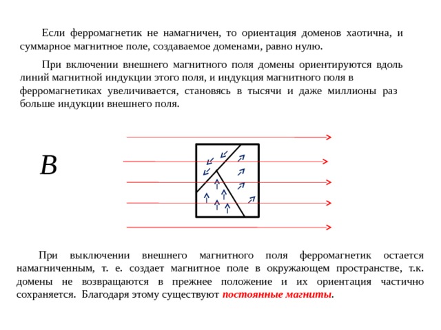  Если ферромагнетик не намагничен, то ориентация доменов хаотична, и суммарное магнитное поле, создаваемое доменами, равно нулю.  При включении внешнего магнитного поля домены ориентируются вдоль линий магнитной индукции этого поля, и индукция магнитного поля в ферромагнетиках увеличивается, становясь в тысячи и даже миллионы раз больше индукции внешнего поля.  При выключении внешнего магнитного поля ферромагнетик остается намагниченным, т. е. создает магнитное поле в окружающем пространстве, т.к. домены не возвращаются в прежнее положение и их ориентация частично сохраняется. Благодаря этому существуют постоянные магниты . 
