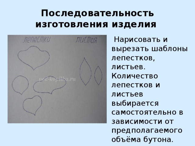 Последовательность изготовления изделия    Нарисовать и вырезать шаблоны лепестков, листьев. Количество лепестков и листьев выбирается самостоятельно в зависимости от предполагаемого объёма бутона. 