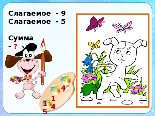Слагаемое - 9 Слагаемое - 5 Сумма - ?   4  14 15 