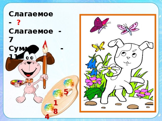 Слагаемое - ? Слагаемое - 7 Сумма - 11   5  18   4 