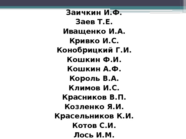 Заичкин И.Ф. Заев Т.Е. Иващенко И.А. Кривко И.С. Конобрицкий Г.И. Кошкин Ф.И. Кошкин А.Ф. Король В.А. Климов И.С. Красников В.П. Козленко Я.И. Красельников К.И. Котов С.И. Лось И.М. 