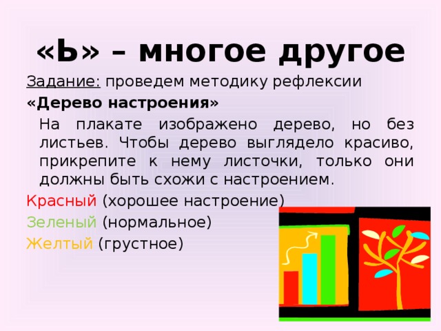 «Ь» – многое другое Задание: проведем методику рефлексии «Дерево настроения»  На плакате изображено дерево, но без листьев. Чтобы дерево выглядело красиво, прикрепите к нему листочки, только они должны быть схожи с настроением. Красный (хорошее настроение) Зеленый  (нормальное) Желтый (грустное)  