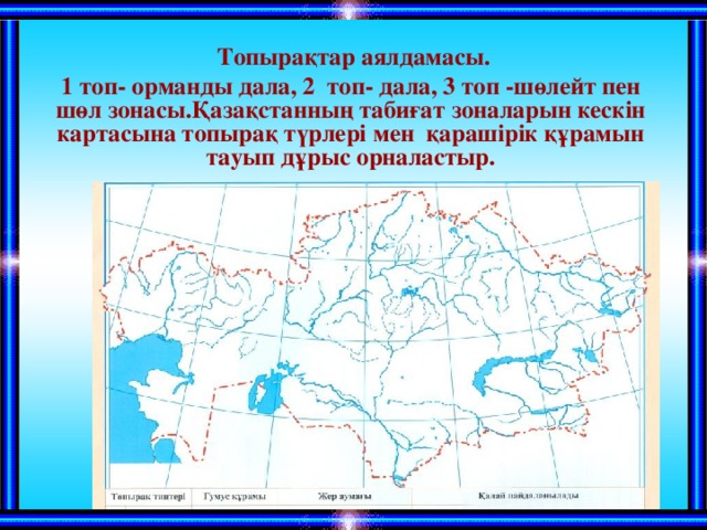  Топырақтар аялдамасы. 1 топ- орманды дала, 2 топ- дала, 3 топ -шөлейт пен шөл зонасы.Қазақстанның табиғат зоналарын кескін картасына топырақ түрлері мен қарашірік құрамын тауып дұрыс орналастыр. 