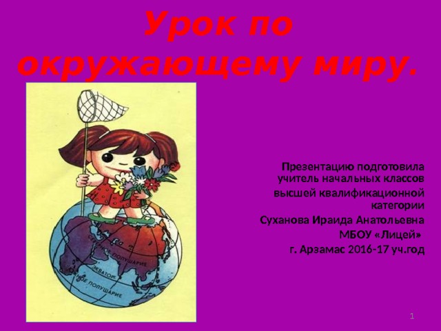 Урок по окружающему миру . Презентацию подготовила учитель начальных классов высшей квалификационной категории Суханова Ираида Анатольевна МБОУ «Лицей»  г. Арзамас 2016-17 уч.год   