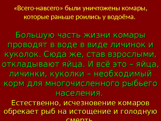 «Всего-навсего» были уничтожены комары, которые раньше роились у водоёма. Большую часть жизни комары проводят в воде в виде личинок и куколок. Сюда же, став взрослыми, откладывают яйца. И всё это – яйца, личинки, куколки – необходимый корм для многочисленного рыбьего населения. Естественно, исчезновение комаров обрекает рыб на истощение и голодную смерть. 