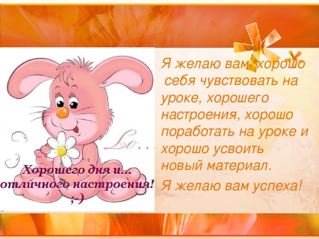 Я желаю вам, хорошо себя чувствовать на уроке, хорошего настроения, хорошо поработать на уроке и хорошо усвоить новый материал. Я желаю вам успеха!