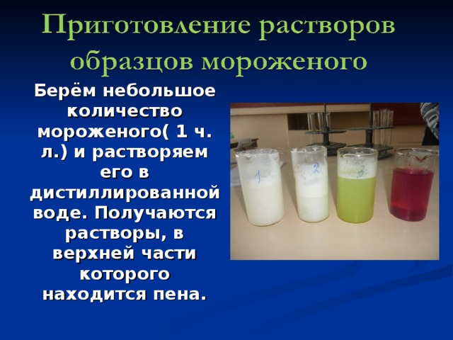Берём небольшое количество мороженого( 1 ч. л.) и растворяем его в дистиллированной воде. Получаются растворы, в верхней части которого находится пена. 