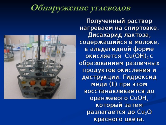 Полученный раствор нагреваем на спиртовке. Дисахарид лактоза, содержащийся в молоке, в альдегидной форме окисляется Cu ( OH ) 2 с образованием различных продуктов окисления и деструкции. Гидроксид меди ( II ) при этом восстанавливается до оранжевого CuOH , который затем разлагается до Cu 2 O красного цвета. 