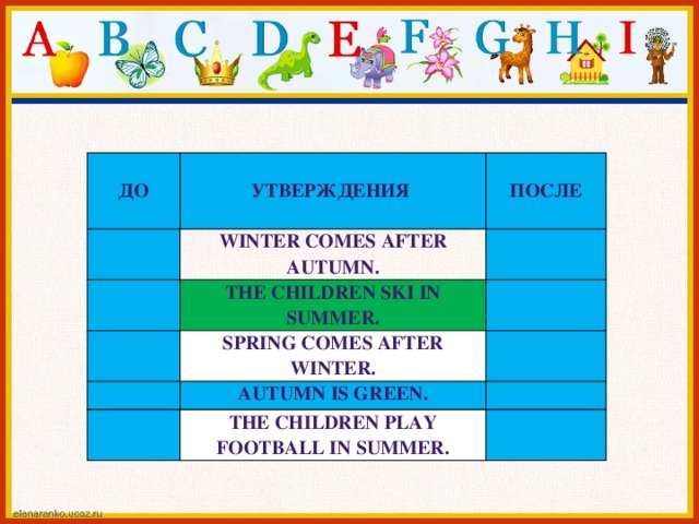  До  Утверждения  Winter comes after autumn. После The children ski in summer.  Spring comes after winter. Autumn is green. The children play football in summer. 