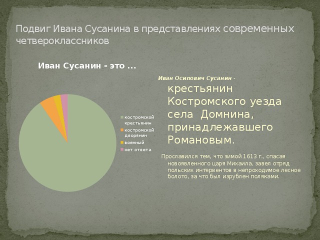 Подвиг Ивана Сусанина в представлениях современных четвероклассников Иван Осипович Сусанин - крестьянин Костромского уезда села Домнина, принадлежавшего Романовым.  Прославился тем, что зимой 1613 г., спасая новоявленного царя Михаила, завел отряд польских интервентов в непроходимое лесное болото, за что был изрублен поляками. 