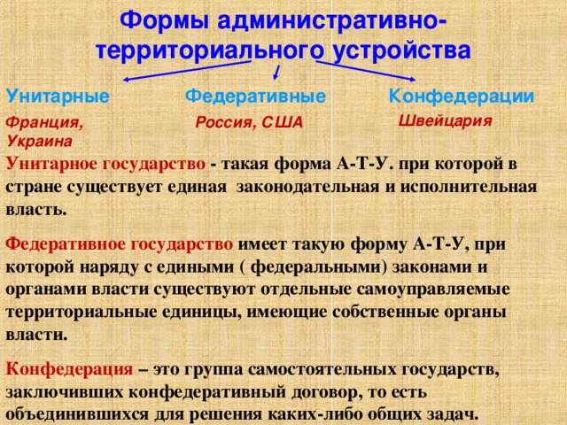 Формы административно-территориального устройства Унитарные Федеративные Конфедерации Швейцария Франция, Украина Россия, США Унитарное государство - такая форма А-Т-У. при которой в стране существует единая законодательная и исполнительная власть. Федеративное государство имеет такую форму А-Т-У, при которой наряду с едиными ( федеральными) законами и органами власти существуют отдельные самоуправляемые территориальные единицы, имеющие собственные органы власти. Конфедерация – это группа самостоятельных государств, заключивших конфедеративный договор, то есть объединившихся для решения каких-либо общих задач. 