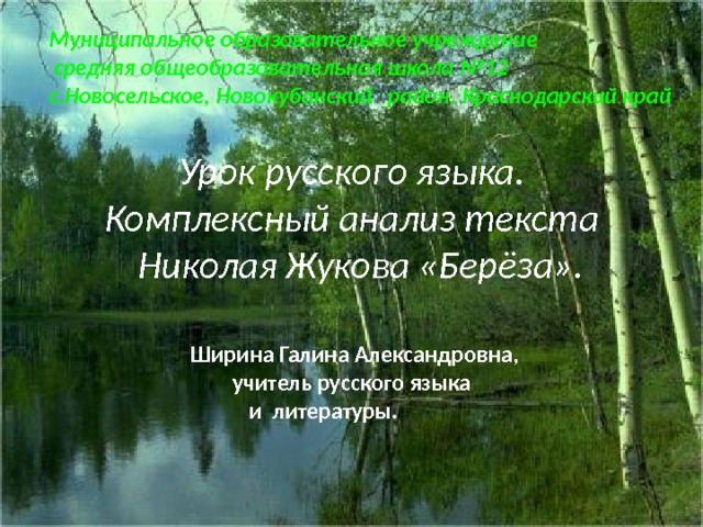 Муниципальное образовательное учреждение  средняя общеобразовательная школа №12 с.Новосельское, Новокубанский район, Краснодарский край Урок русского языка. Комплексный анализ текста  Николая Жукова «Берёза». Ширина Галина Александровна, учитель русского языка и литературы.   