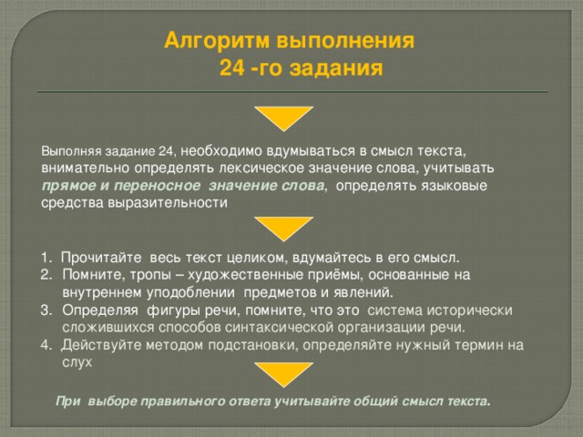 Алгоритм выполнения  24 -го задания Выполняя задание 24, необходимо вдумываться в смысл текста, внимательно определять лексическое значение слова, учитывать прямое и переносное значение слова , определять языковые средства выразительности 1. Прочитайте весь текст целиком, вдумайтесь в его смысл. Помните, тропы – художественные приёмы, основанные на внутреннем уподоблении предметов и явлений. Определяя фигуры речи, помните, что это система исторически сложившихся способов синтаксической организации речи. 4. Действуйте методом подстановки, определяйте нужный термин на слух При выборе правильного ответа учитывайте общий смысл текста .