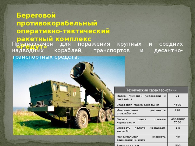 Береговой противокорабельный оперативно-тактический ракетный комплекс «Редут» Предназначен для поражения крупных и средних надводных кораблей, транспортов и десантно-транспортных средств. Технические характеристики Масса пусковой установки с ракетой, т Стартовая  масса ракеты, кг 21  4500  Максимальная дальность стрельбы, км Высота полета ракеты маршевая, м 270  Скорость полета маршевая, число М 40/ 4000/ 7000  Максимальная скорость движения ПУ, км/ч 1,5 40 Запас хода, км Боевой расчет, чел. 500 5 