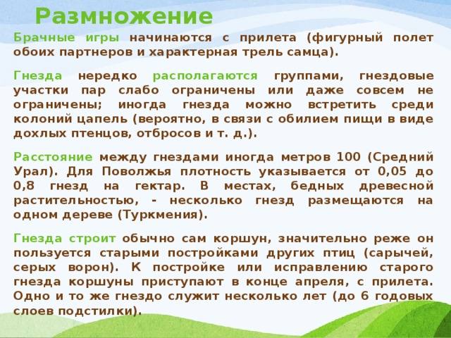 Размножение Брачные игры начинаются с прилета (фигурный полет обоих партнеров и характерная трель самца). Гнезда  нередко  располагаются  группами, гнездовые участки пар слабо ограничены или даже совсем не ограничены; иногда гнезда можно встретить среди колоний цапель (вероятно, в связи с обилием пищи в виде дохлых птенцов, отбросов и т. д.). Расстояние  между гнездами иногда метров 100 (Средний Урал). Для Поволжья плотность указывается от 0,05 до 0,8 гнезд на гектар. В местах, бедных древесной растительностью, - несколько гнезд размещаются на одном дереве (Туркмения). Гнезда  строит  обычно сам коршун, значительно реже он пользуется старыми постройками других птиц (сарычей, серых ворон). К постройке или исправлению старого гнезда коршуны приступают в конце апреля, с прилета. Одно и то же гнездо служит несколько лет (до 6 годовых слоев подстилки). 