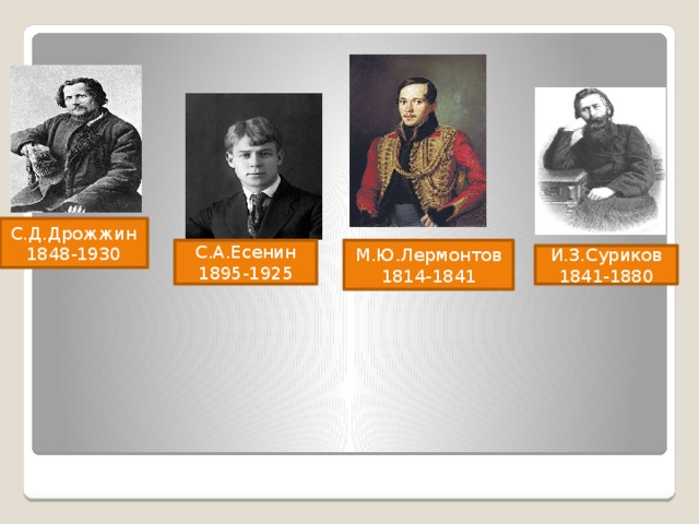 С.Д.Дрожжин 1848-1930 С.А.Есенин М.Ю.Лермонтов 1895-1925 1814-1841 И.З.Суриков 1841-1880 