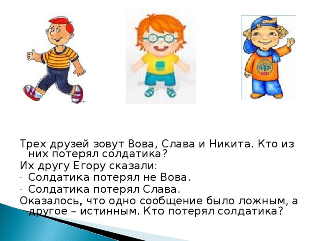 Трех друзей зовут Вова, Слава и Никита. Кто из них потерял солдатика? Их другу Егору сказали: Солдатика потерял не Вова. Солдатика потерял Слава. Оказалось, что одно сообщение было ложным, а другое – истинным. Кто потерял солдатика? 