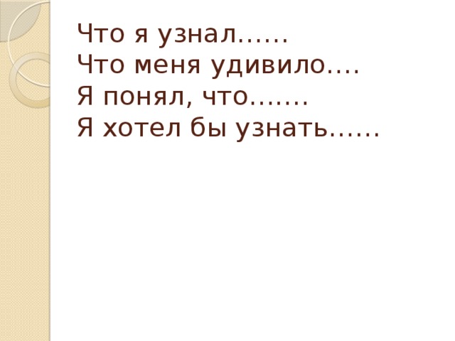 Что я узнал……  Что меня удивило….  Я понял, что…….  Я хотел бы узнать……
