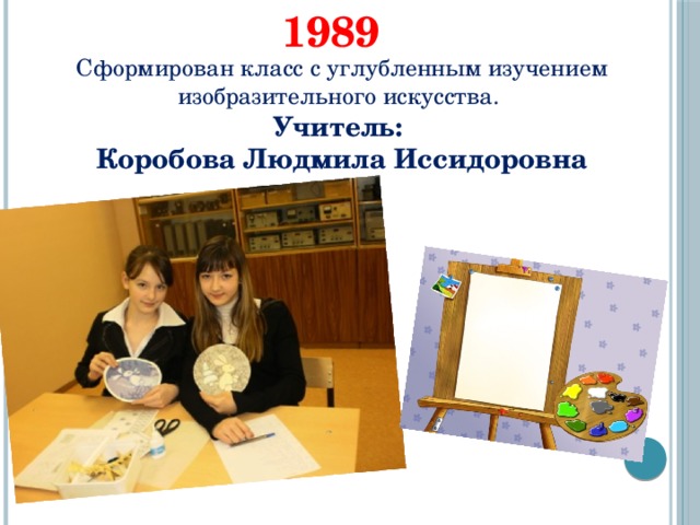 1989 Сформирован класс с углубленным изучением изобразительного искусства. Учитель: Коробова Людмила Иссидоровна 