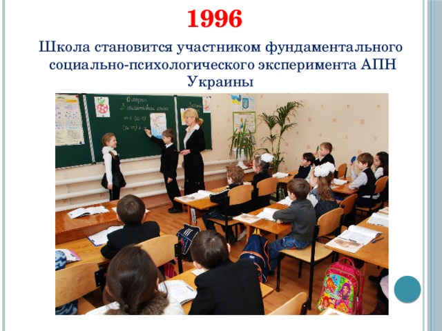 1996 Школа становится участником фундаментального социально-психологического эксперимента АПН Украины по теме: «Школа самосовершенствования». 